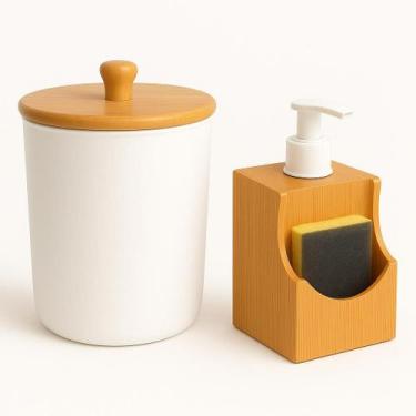 Imagem de Kit Pia Cozinha Bambu Porta Detergente Dispenser 500ml E Lixeira De Pi