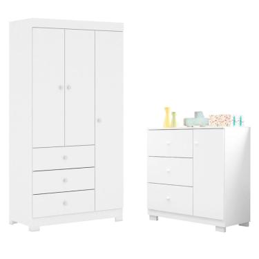 Imagem de Guarda Roupa Infantil 3 Portas Cômoda 3 Gavetas Duda Branco - Phoenix