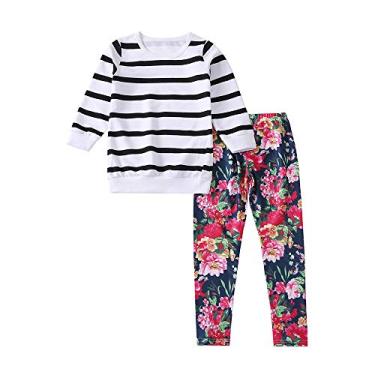 Imagem de peças de moletom listrado + legging floral infantil bebê menina conjunto de camiseta e calça manga longa(A)