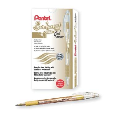 Imagem de Pentel Caneta de gel metálica Sunburst, ponta média, tubo dourado/transparente, tinta dourada, caixa com 12 (K908-X)