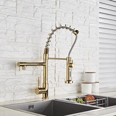Imagem de Bico duplo torneira de cozinha 360 graus de rotação primavera pull down pulverizador deck montado torneira da pia da cozinha misturador torneiras, ouro b, china
