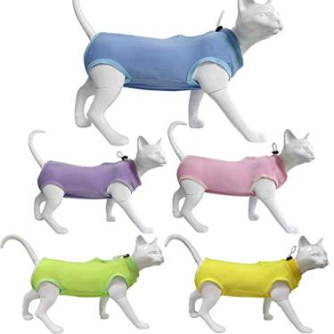 Imagem de 5 peças de terno de recuperação ajustável para gatos castrados e desmames, camisa cirúrgica pós-operatória para gatos machos e mulheres, E-collar substituto, Multi, P (BUST28 cm)