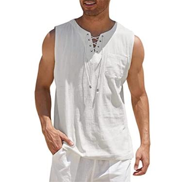 Imagem de Camiseta regata masculina de algodão e linho casual sem mangas moda camisetas hippie de praia, Branco, Small