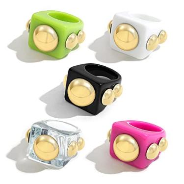 Imagem de SLOONG 5 peças Y2K Estilo Grosso Retro Resina Acrílico Anel Plástico Anel Bonito Colorido Doce Anel de Dedo Joia Transparente Feito à Mão Anéis Modernos para Mulheres, Resina, Sem pedra preciosa