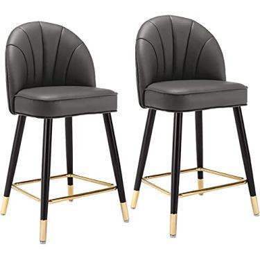 Imagem de Conjunto de 2 Bancos de Bar de Couro Nappa, Banco de Metal Moderno com Encosto Banco de Café de Jantar de Cozinha, Banco de Barra de Altura de Balcão com Apoio para Os Pés, para Sala de Jantar de Bar