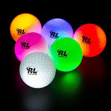 Imagem de R&L Bolas de golfe que brilham no escuro, bola de golfe brilhante com luz LED para esportes noturnos, super brilhante, colorida e durável, ativada por impacto com um temporizador de 8 minutos, pacote com 6 cores