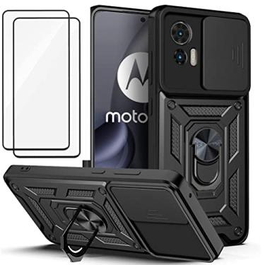 Imagem de Capa para Motorola Moto Edge 30 Neo Capinha | com 2 protetores de tela temperados, janela deslizante de proteção da câmera integrada e suporte para telefone - Preto