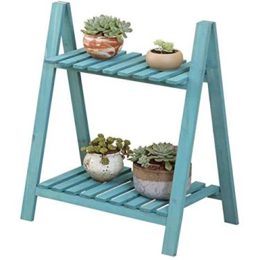 Imagem de Suporte para escada de madeira de 2 andares para exibição de plantas com escadas, prateleira para vaso de flores, prateleiras de armazenamento L50xW33xH60 cm (azul retrô)