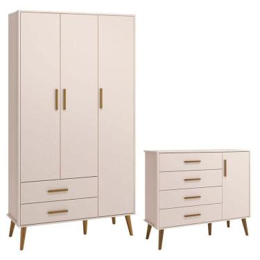 Imagem de Cômoda com Porta e Guarda Roupa Infantil 3 Portas Isis Rosa Acetinado - Reller