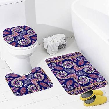 Imagem de Conjunto de tapetes de banheiro 3 peças de espirais e paisley com festões, tapete de banheiro lavável antiderrapante, tapete de contorno e tampa para banheiro