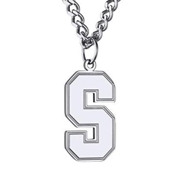 Imagem de GoldChic – Pingente masculino com letra inicial para meninos, banhado a ouro 18 quilates/aço inoxidável, jérsei SablonUp, atlético, alfabeto esportivo, colar com corrente cubana de