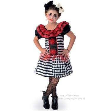 Imagem de Fantasia Vestido Pierrot Infantil Palhaça Zumbi Arlequina Terror Halloween Carnaval Dia das Bruxas Festa Tema Circo