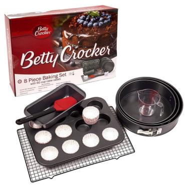 Imagem de Kit Set Cupcake 8 pçs Formas Redondas 60 Forminhas Copo Jarra Medidor Assadeira Espátulas Pão Duro Muffins Rack Grelha Betty Crocker