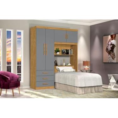 Imagem de Roupeiro/Cabeceira Baú CAN Solteiro Espaço Amplo 4 Portas e 3 Gavetas Nichos Externos Para Objetos de Decorção Cor Nature/Cinza