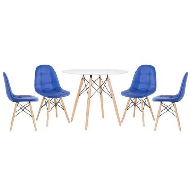 Imagem de Mesa Redonda Eames 90 Cm Branco + 4 Cadeiras Estofadas Eiffel Botonê Azul Azul