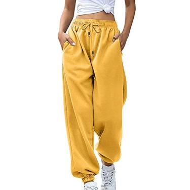 Imagem de Tawop Calça de moletom lisa para mulheres 2023 com cordão cintura elástica calça atlética calça justa calça larga Y2K, Amarelo, XXG