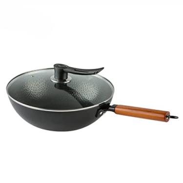 Imagem de NOVO Wok, Wok de ferro forjado à mão, panela, Wok antiaderente não revestido, adequado para todos os tipos de fogão, diâmetro 32 cm/12,59 pol