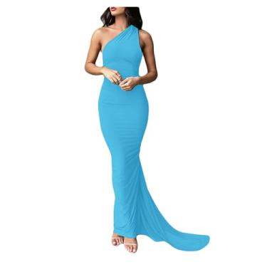 Imagem de Bestgift Vestido frente única plissado fino cor sólida sem mangas vestidos de um ombro, Azul, P