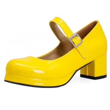 Imagem de Sapatos femininos de salto médio Lolita com tiras Mary Janes sapatos de salto vermelho amarelo sapatos de dança para festa