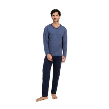 Imagem de Pijama Masculino Longo Com Decote V Azul Claro P