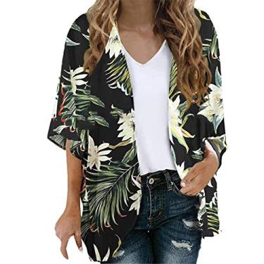 Imagem de Blusa feminina havaiana chiffon estampa floral manga bufante kimono cardigã solto blusa tops havaiano Top de verão Cobertura de praia Camisa plissada Blusa Camiseta F46-Cinza escuro Small