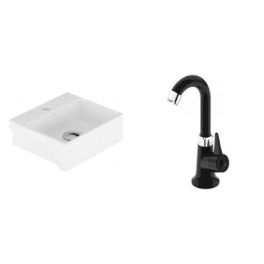 Imagem de Conjunto para Banheiro Cuba de Semi-encaixe Roma 11,5cmx33cmx29cm e Torneira Bica Móvel Abs 1/4 Japi Branco/preto