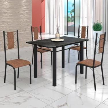 Imagem de Conjunto Sala de Jantar Bahia Mesa Tubo 120x75cm Tampo Pedra Ardósia Indiana com 4 Cadeiras Marrom/preto Fosco