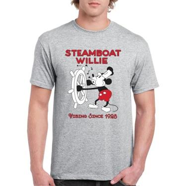 Imagem de Camiseta masculina Steamboat Willie Vibing Since 1928 icônica retrô desenho mouse atemporal clássica vintage Vibe, Cinza, P