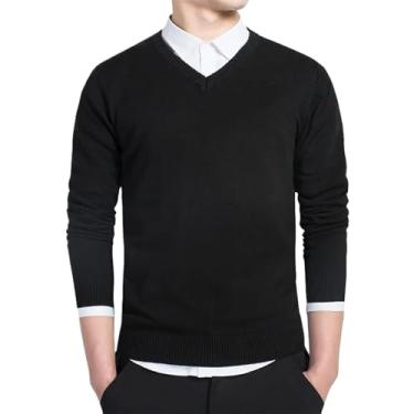 Imagem de Suéter de algodão masculino manga longa cardigã masculino gola V suéter solto sólido botão ajuste tricô estilo casual, Preto 1, X-Large