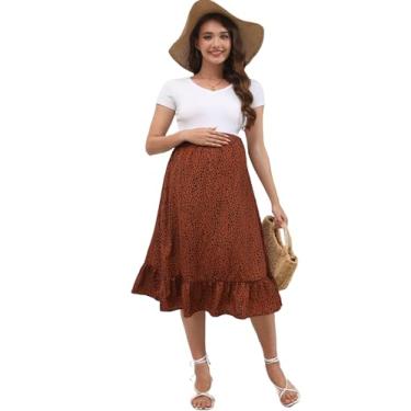 Imagem de FUNJULY Saia de maternidade feminina de cintura alta com babados em camadas, casual, rodada, boho, saia para mulheres, Flor marrom, P