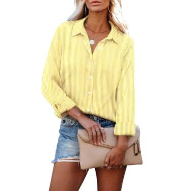 Imagem de HOTOUCH Camisas femininas de chiffon com botões e manga comprida para escritório, blusas casuais de trabalho, camisa com colarinho P-GGG, Listras amarelas, M