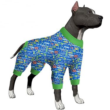 Imagem de LovinPet Macacão de pijama para cães gigantes – Macacão para cães com proteção UV e camisa calmante para ansiedade, roupas de cachorro Pitbull, estampa leve de sapos saltadores, pijama de recuperação
