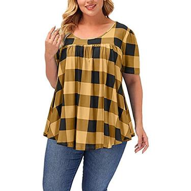 Imagem de Camisetas femininas de verão plus size clássica xadrez camisetas grandes camisetas regulares manga curta respirável, Amarelo, GG Plus Size