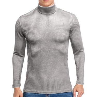 Imagem de Suéter masculino outono e inverno gola alta quente camisa masculina manga longa camiseta de malha, Cinza claro, G
