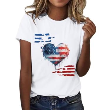 Imagem de Camisetas Patrióticas Femininas Manga Curta Bandeira Americana Estrelas Listras Camisetas Estampa Coração Gola Redonda Memorial Day Verão, Branco, GG