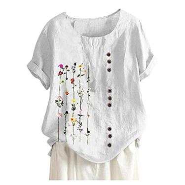 Imagem de Blusa feminina de linho de manga curta, estampa floral, gola redonda, casual, folgada, abotoada, túnica, Branco, M