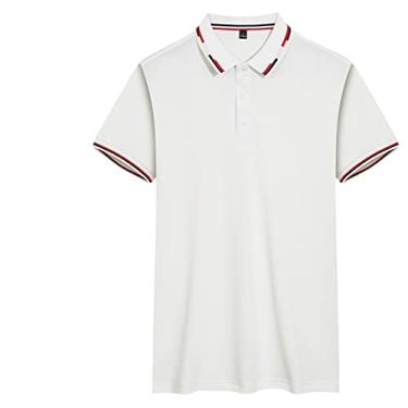 Imagem de Polos de golfe masculinos algodão listrado colarinho cor sólida tênis camiseta umidade wicking seco colarinho manga curta ao ar livre respirável(Color:White,Size:S)