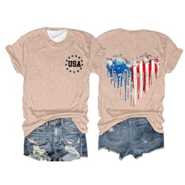Imagem de Camiseta feminina bandeira americana 4 de julho tartaruga marinha camiseta patriótica gola redonda túnica básica manga curta, Bege, XXG