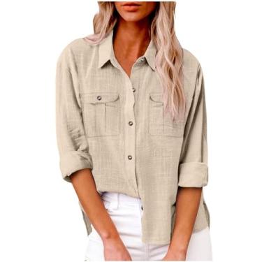 Imagem de Camisa feminina de linho 2024 verão casual manga longa enrolada cor sólida gola V botão blusa túnica com bolso, Bege, G