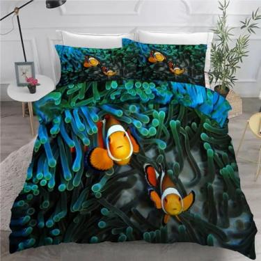 Imagem de Jogo de cama com 3 peças de capa de edredom Clown Fish California King, capa de edredom de microfibra macia texturizada, 264 cm x 248 cm e 2 fronhas, com fecho de zíper e laços