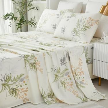 Imagem de Helthep Jogo de lençol floral, 100% algodão, folhas verdes, estampado, lençol com estampa floral, bolso profundo de 44,5 cm, 4 peças, lençol de flor vintage botânico branco para cama de casal