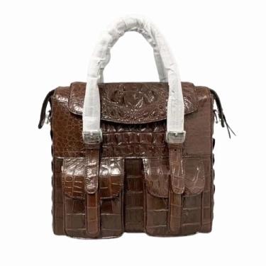 Imagem de Bolsa masculina casual de couro de crocodilo genuíno com aba e alça superior, bolsa de ombro exótica de couro de jacaré grande, Marrom, 32cm(Length) x 31cm(Height) x 12cm(Deep)
