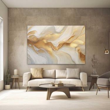 Imagem de Quadros Decorativos para Quarto Sala 90x60 Abstrato Dourado Branco Már