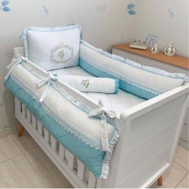Imagem de Kit Berço Branco com Azul - Personalizado com a Inicial do Bebê - 08 P