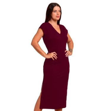 Imagem de Vestido Canelado Casual Decote V Alongado Fenda Lateral Feminino Leve 