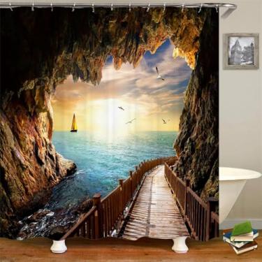Imagem de Cortinas de chuveiro com cenário de praia, mar, oceano, mediterrâneo, cortina de banheiro, tecido impermeável, decoração, 7, W300xH180cm