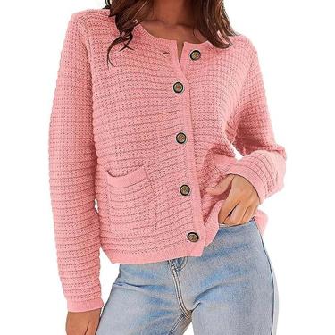 Imagem de Feminino outono e inverno cor sólida em torno do pescoço de malha commuter retro casual cardigan manga longa seção curta feminina, pêssego, l