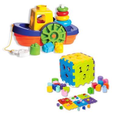 Imagem de Kit Brinquedo Barco Encaixar + Cubo Didático 24 Peças Criança - PERSON