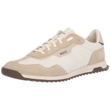 Imagem de BOSS Zayn Tênis masculino de couro de camurça discreto, dois tons, Branco em branco, areia natural, 45