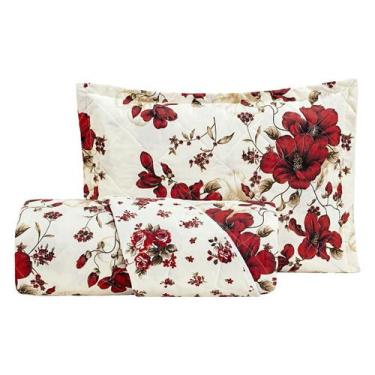 Imagem de Cobre Leito Dupla Face Solteiro Pérola 100% Algodão Vermelho Floral - 
